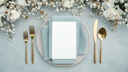 A beautifully arranged table features a delicate floral display alongside a fine dining menu. The setting is perfect for a wedding reception or an upscale celebration.