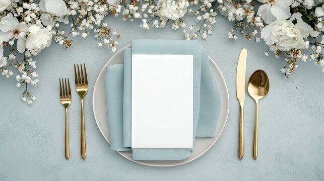 A beautifully arranged table features a delicate floral display alongside a fine dining menu. The setting is perfect for a wedding reception or an upscale celebration.