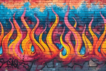 A colorful graffiti mural depicts stylized flames on a brick wall. The flames are rendered in shades of orange, pink, yellow, and blue. The artwork is dynamic and expressive.