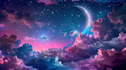 Fototapeta premium anime-style sky with a crescent moon and clouds, in pastel pink and purple colors with stars twinkling in the night sky and a shining crescent moon.