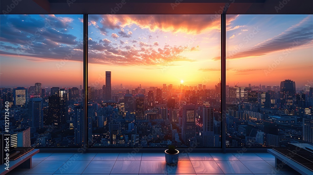 Poster view from the top floor of an office building overlooking city skyline the sky is clear at sunset cr