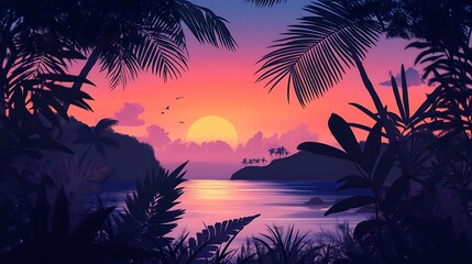 Obraz premium Serene sunset over a tropical island, viewed through lush foliage. Pink and purple hues paint the sky.