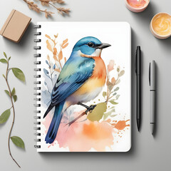 Watercolor Notebook Bird Illustration Floral Design Artistic Desk Pastel Stationery