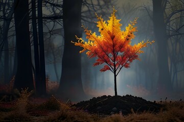 A solitary orange tree stands out against the dark forest during autumn twilight

