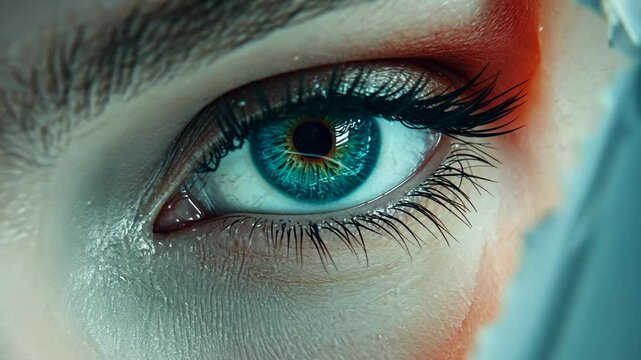 Close-up view of an expressive blue eye with dramatic makeup highlighting vivid colors and intricate details