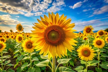 Fototapeta premium A Vibrant Sea of Tall Sunflowers Under a Clear Blue Sky - Captivating Bright Sunflower Field Background Perfect for Nature and Floral Themes