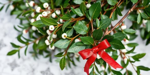 Obraz premium Mistletoe with vibrant red ribbon tied in a classic bow, green, tradition, winter