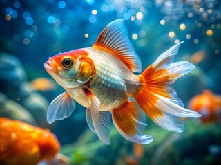 Captivating Macro Photography of Goldfish Swimming Gracefully in Clear Water, Showcasing Vibrant Colors and Intricate Details of Their Scales and Fins