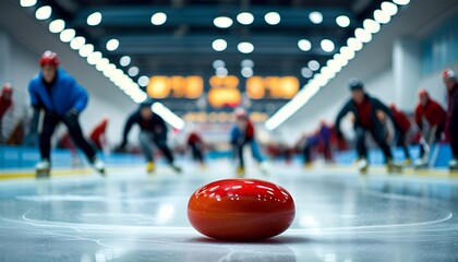 Exciting curling competition indoor arena sports event competitive environment dynamic viewpoint focus on strategy and precision