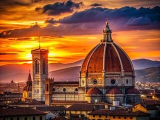 Fototapeta premium Captivating Silhouette of the Florence Cathedral at Sunset with Dramatic Sky and Cityscape in the Foreground, Showcasing the Architectural Grandeur of 'Kathedrale Florenz'
