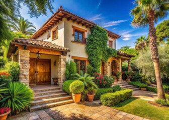 Fototapeta premium Charming Villa Surrounded by Lush Greenery Under a Clear Blue Sky - A Perfect Blend of Stucco and Wood Elements in Beautiful Documentary Photography