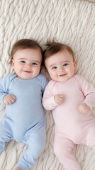 Two adorable twin babies lie side by side on a pink rug, smiling with joy, enjoying a playful moment in a cozy home setting during a beautifully lit afternoon