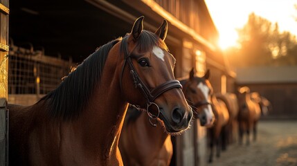 Fototapeta premium Horses stand proudly in their stables as the sunset paints the sky with warm hues