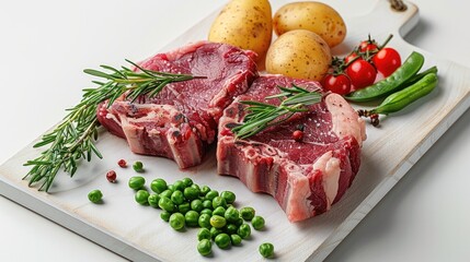 Raw lamb meat, two potatoes, a small pile of green peas, and some rose hips on chopping board, white background.