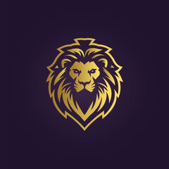 Regal gold lion head logo with geometric mane and red eyes on dark purple background conveying power and focus