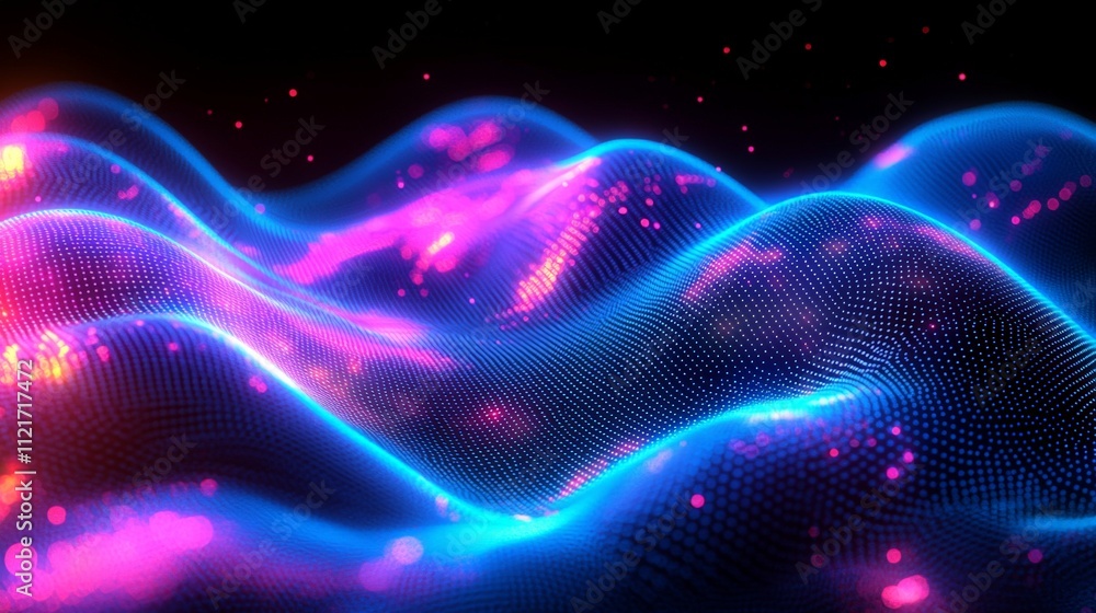 Poster a vibrant digital landscape featuring flowing waves illuminated by neon colors, creating a mesmerizi