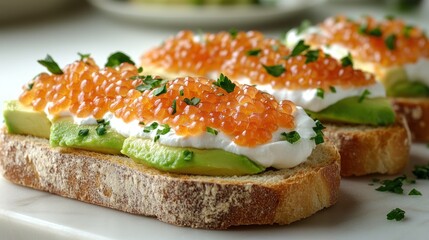 Avocado toast with salmon roe and herbs sits invitingly on a rustic table