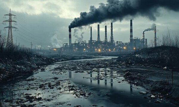 Thick black smoke continuously emitting from factory chimneys with polluted wastewater in a desolate industrial landscape