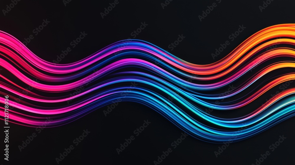 Poster a vibrant wave pattern in pink, blue, and orange against a black backdrop, creating a dynamic and mo