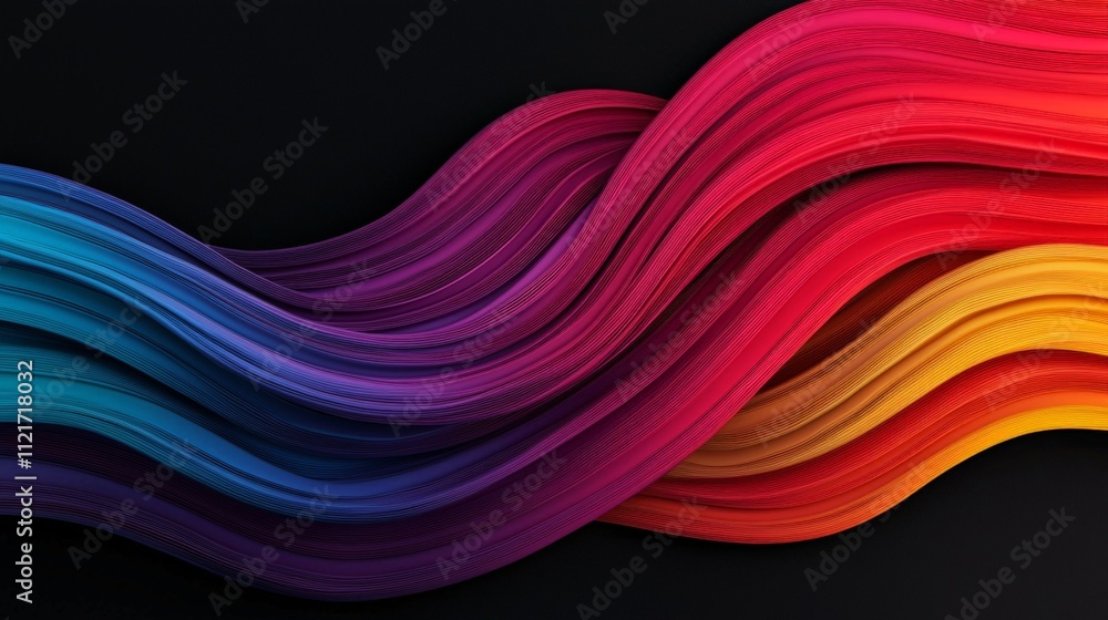 Poster a vibrant wave of colorful lines flows across a black background, showcasing a dynamic gradient of b