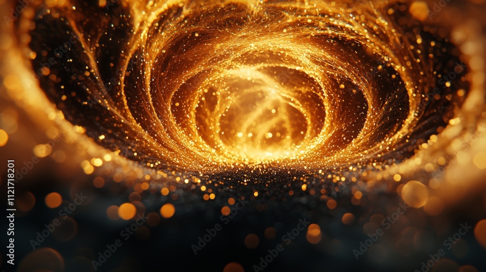 Poster a mesmerizing swirl of golden particles, creating a dynamic vortex that evokes a sense of cosmic won