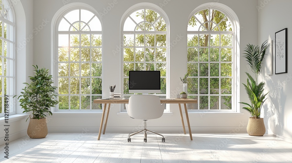 Aufkleber modern home office design with large windows and greenery for productive workspace