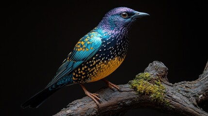 A beautiful bird with striking colors sits gracefully on a moss-covered branch