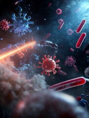 Fototapeta premium Microbial Warfare: A Colorful Battle for Life - Vibrant microscopic battle, viruses, bacteria, combat, science, health.