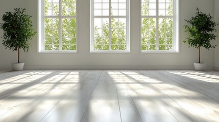 Fototapeta premium Bright and Airy Interior with Large Windows and Greenery in Modern Space