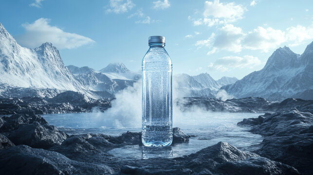 A bottle of water is placed on a rocky shore in front of a mountain range. Concept of isolation and solitude, as the bottle is the only object in the scene. The cold, barren landscape