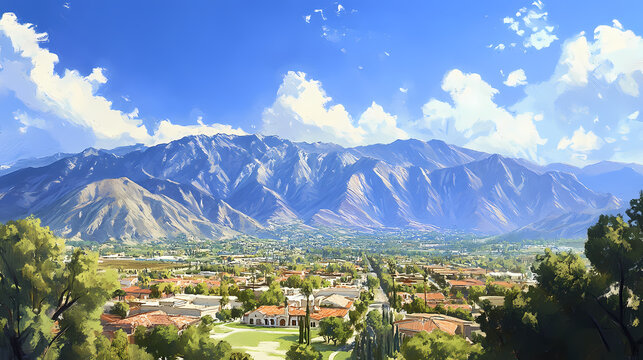 Arcadia california aerial view: san gabriel mountains under blue skies. Arcadia. Illustration