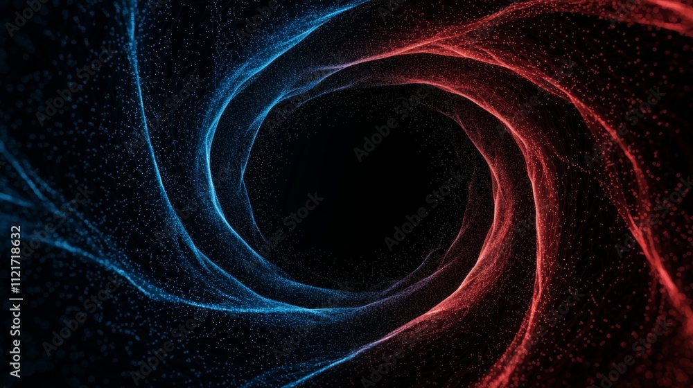 Poster a swirling vortex of red and blue particles against a dark background, creating a sense of depth and