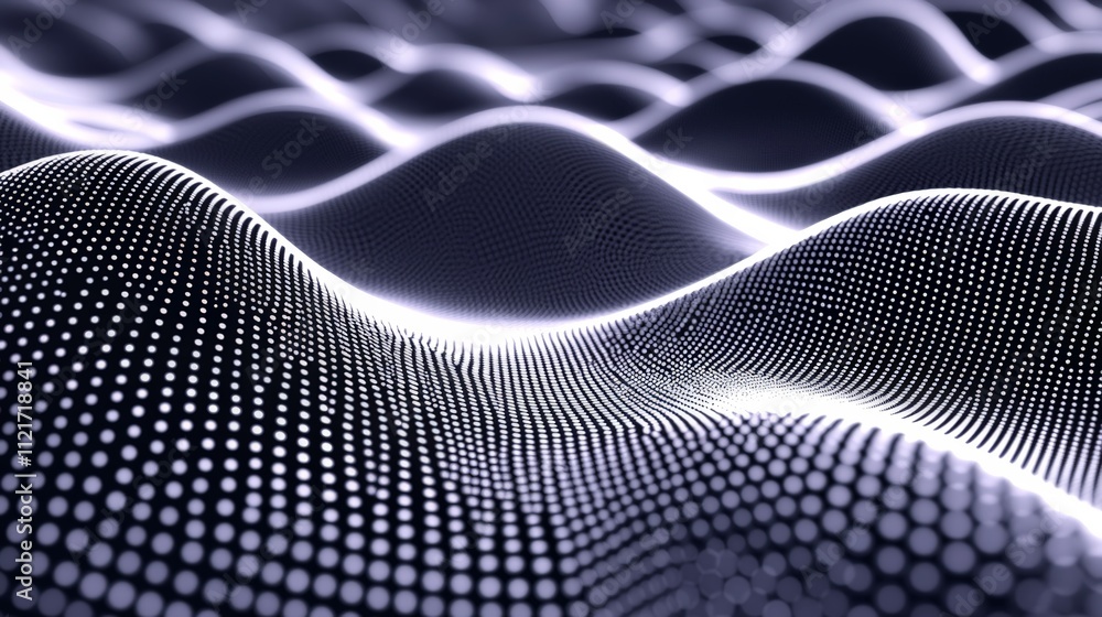 Poster abstract wave pattern with glowing dots creates a futuristic, digital landscape, conveying depth and