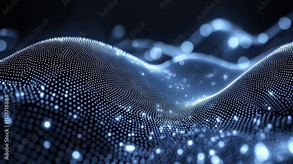 Poster a glowing, fluid landscape of interconnected points and waves, representing digital data or a futuri