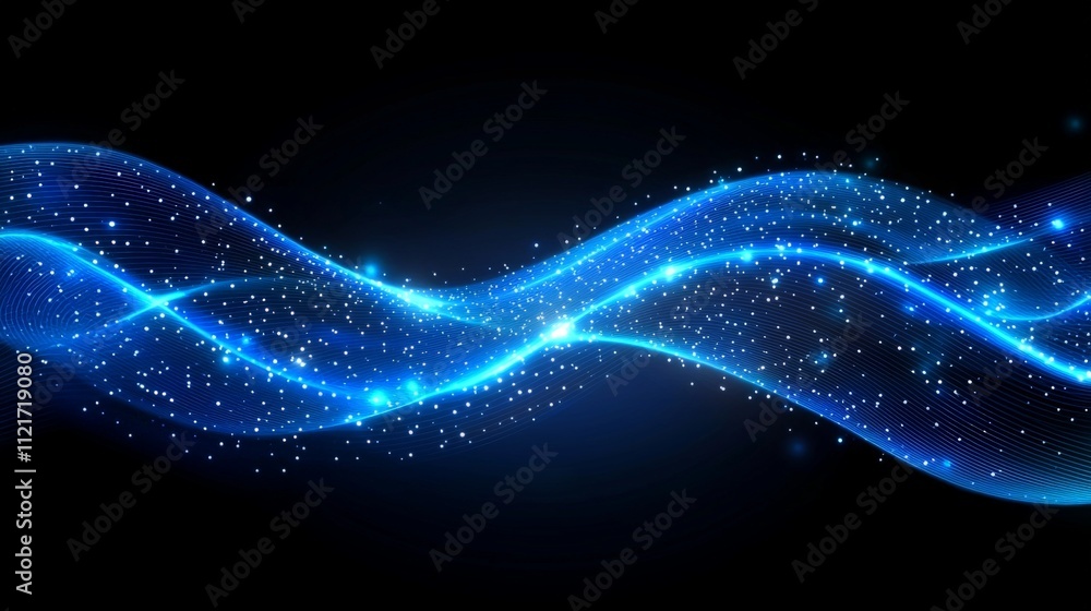 Poster a vibrant blue wave of light sparkles against a dark background, creating a dynamic and mesmerizing 