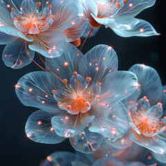 abstract flowers filled with inner light and surrounded by luminous particles.  