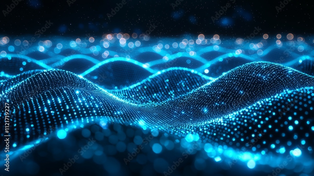 Poster a mesmerizing digital landscape with glowing blue waves and sparkling particles, evoking a sense of 