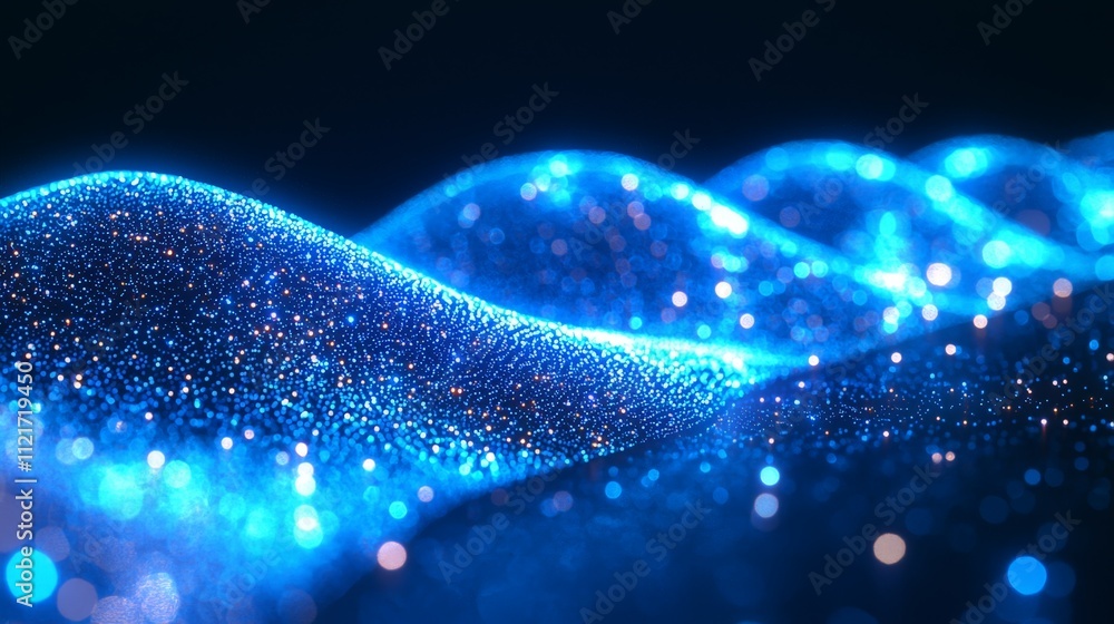 Poster a mesmerizing close-up of glowing blue waves, sparkling with light, creating a serene and futuristic