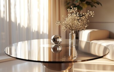 Round glass coffee table with floral arrangement in minimalist beige living room interior in warm natural light. Stylish and serene home decor