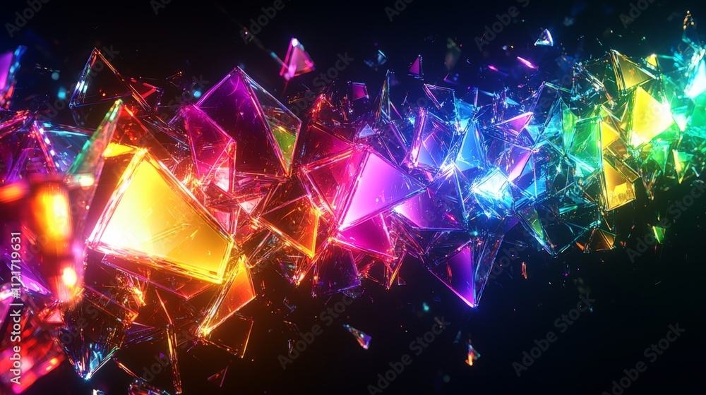 Poster a vibrant display of colorful, fragmented shapes, creating a dynamic, abstract visual effect against