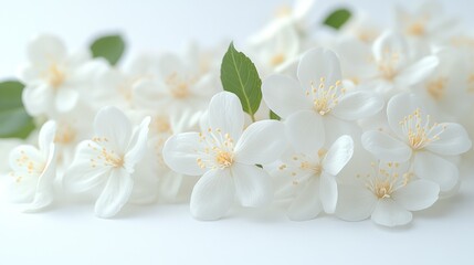 Obraz premium Soft white blossoms gently arranged, showcasing their beauty and tranquility with green leaves