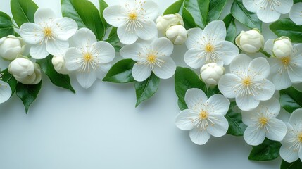 Soft white flowers intertwined with vibrant green leaves evoke a sense of tranquility in nature