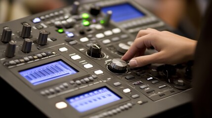 Serene audio studio with sound engineer adjusting noise reduction settings on mixing console, symbolizing the meticulous process of eliminating unwanted sounds.	
