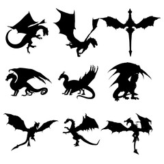 Dragon Silhouette. Dragon Crest Wings great set collection clip art Silhouette, dragon tattoo designs, Black vector illustration on white background .