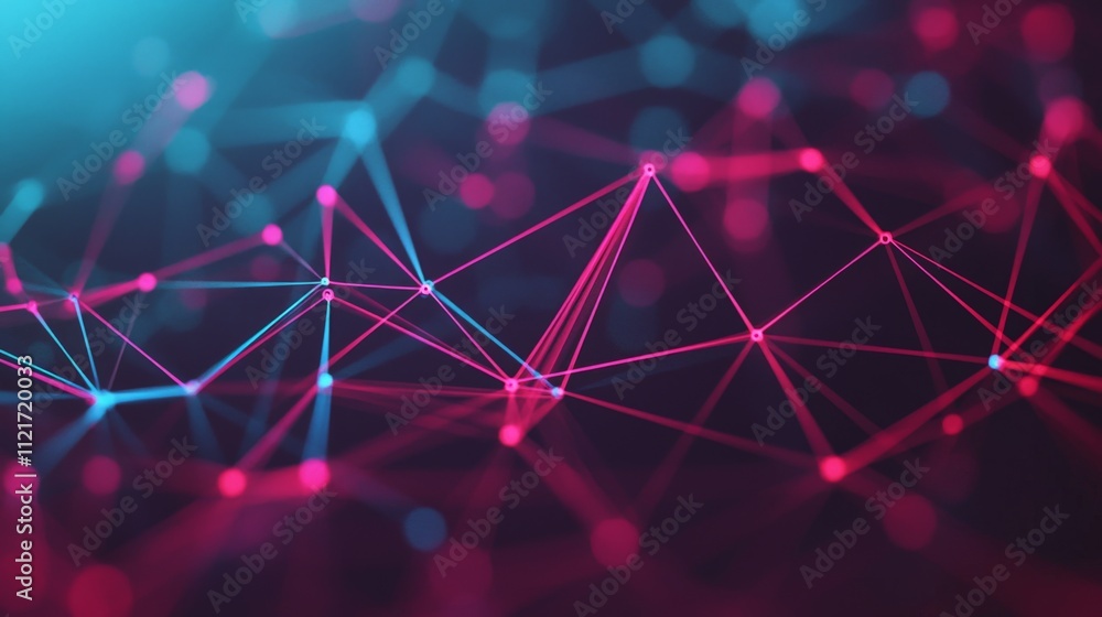 Poster a vibrant digital network of interconnected nodes, showcasing a blend of blue and pink lines against