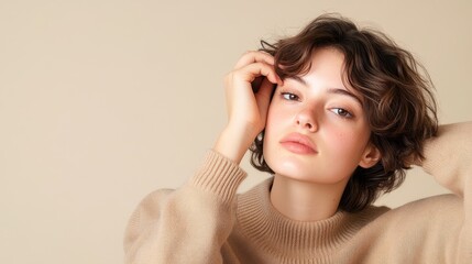 Fototapeta premium Natural Beauty Portrait with Soft Tones - A captivating portrait of a young woman with tousled hair, exuding confidence and allure against a soft background.