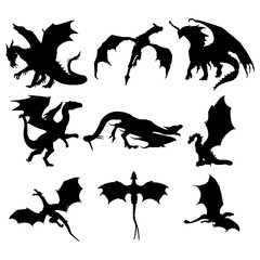 Dragon Silhouette. Dragon Crest Wings great set collection clip art Silhouette, dragon tattoo designs, Black vector illustration on white background .
