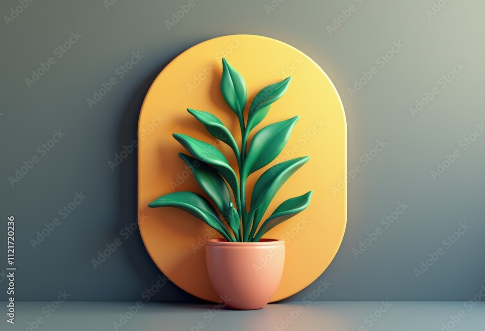 Poster a 3d rendered image of a potted plant with green leaves against a yellow circle on a grey background