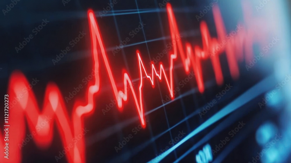 Poster red heartbeat line on a digital screen display showing vital signs and monitoring