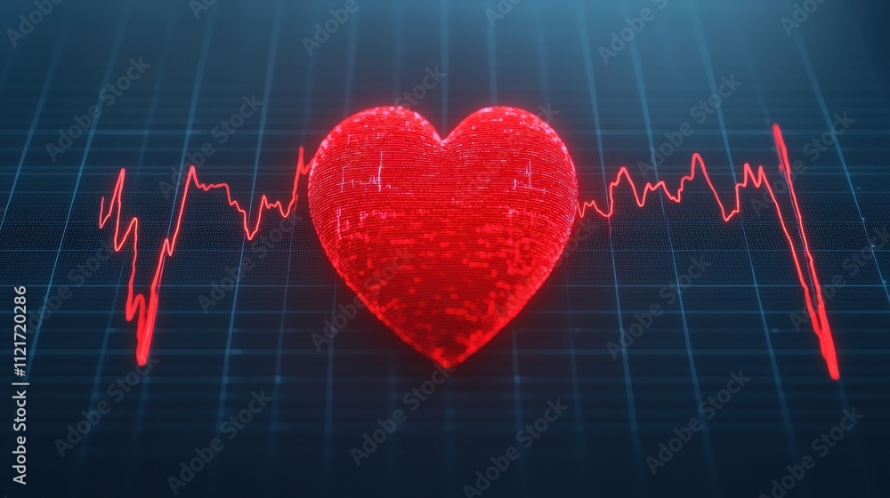 Poster heartbeat graphic with 3d heart shape and ekg line on dark background